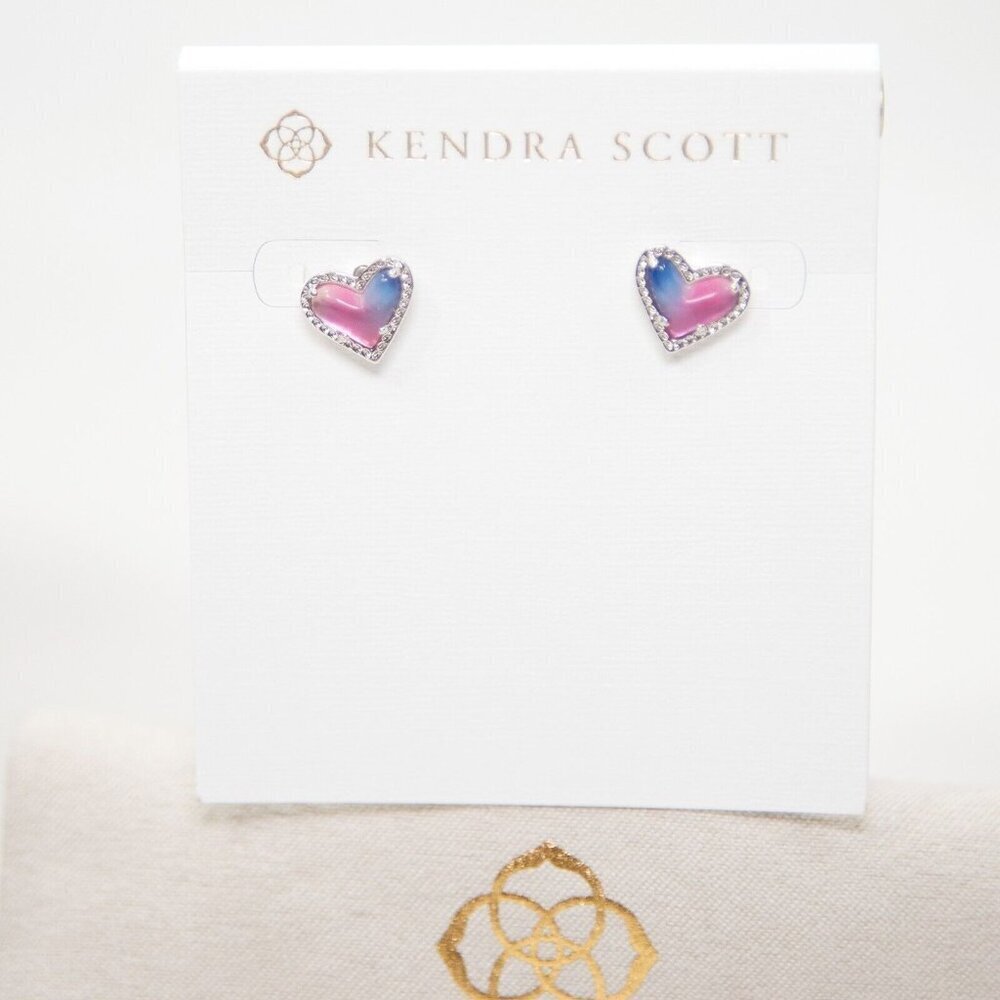 Kendra Scott Ari Ombre Illusion Heart Rhodium Plated Statement Stud Earrings NWT